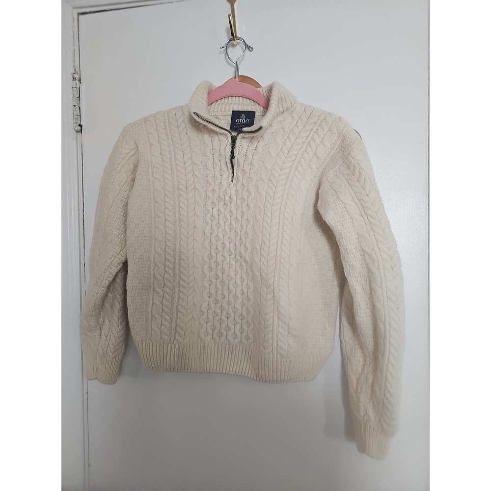 Aran  Ireland Ivory Cable Knit 1/4 Zip Merino Wool Sweater Womens Sz Small